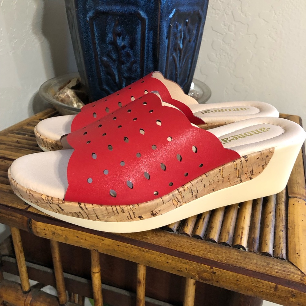 ❌ANDREA Womens Wedge Sandals Slides Open Toe Red Cream Size 7